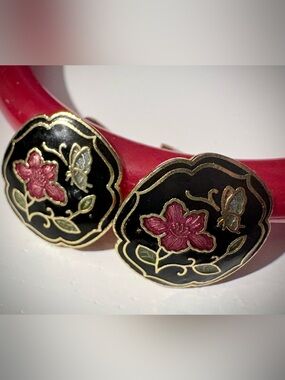 Black and Red Cloisonné Clip-On Earrings